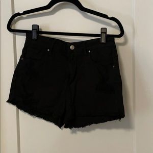 High rise distressed black denim shorts